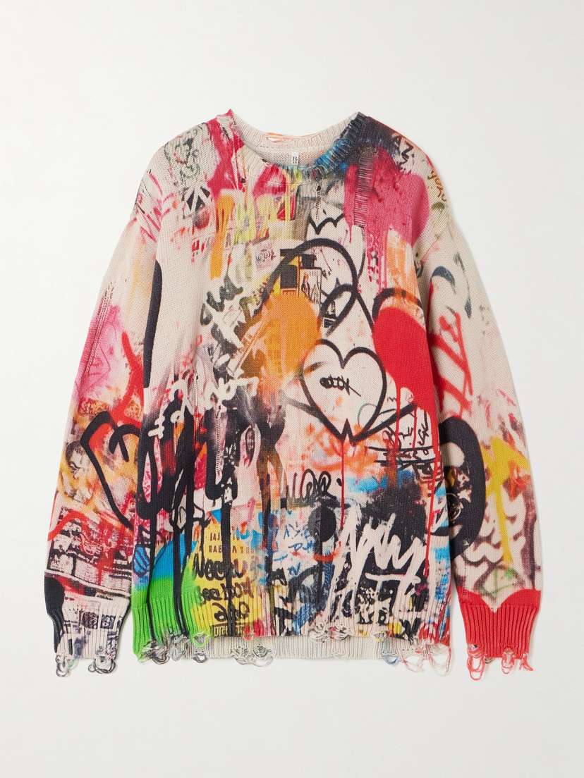 R13 Oversized Distressed Printed Cotton Sweater