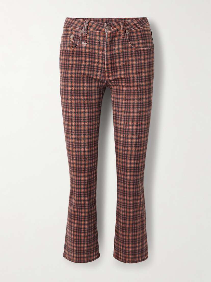 R13 Kick Fit Cropped Checked High-rise Flared Jeans