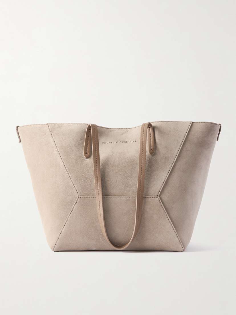 Brunello Cucinelli Bead-embellished Leather-trimmed Suede Tote