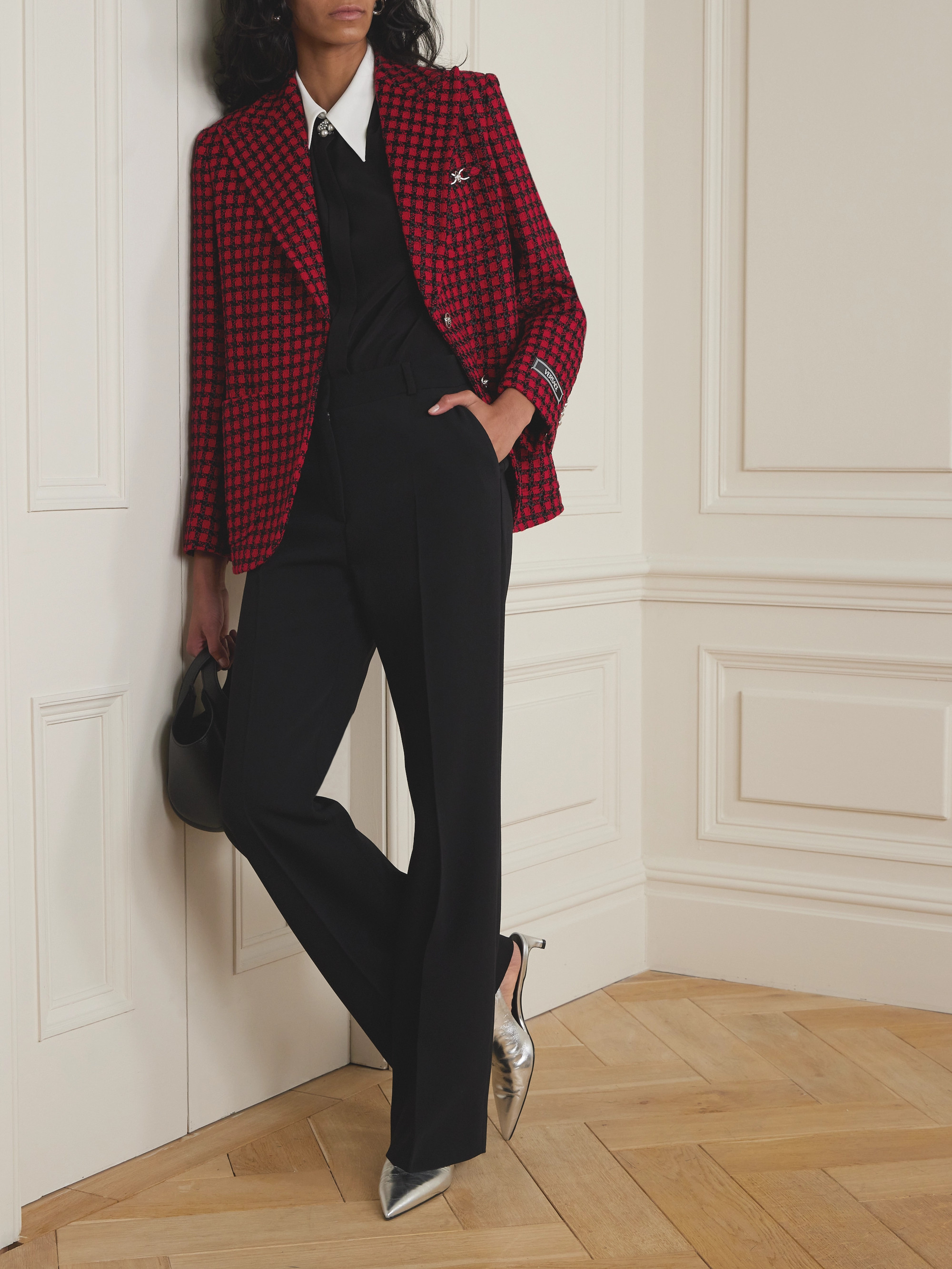 Versace Embellished two-tone silk crepe de chine shirt thumbnail