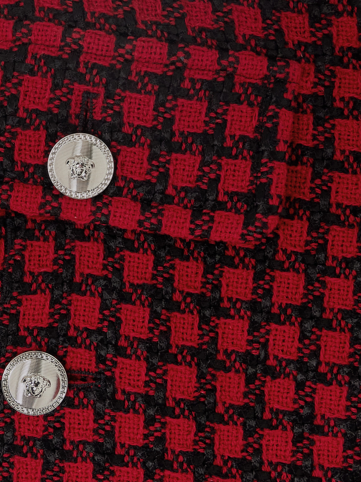 Versace Button-embellished Frayed Checked Tweed Mini Skirt In Red