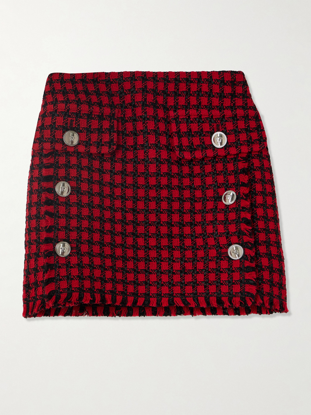 Versace Button-embellished Frayed Checked Tweed Mini Skirt In Red