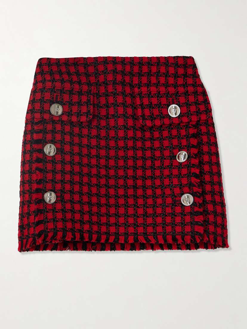 Versace Button-embellished Frayed Checked Tweed Mini Skirt