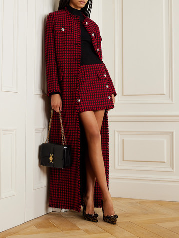 Versace Button-embellished frayed checked tweed mini skirt