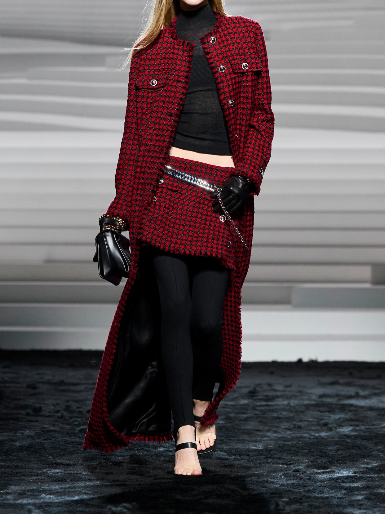 Versace Button-embellished Frayed Checked Tweed Mini Skirt In Red