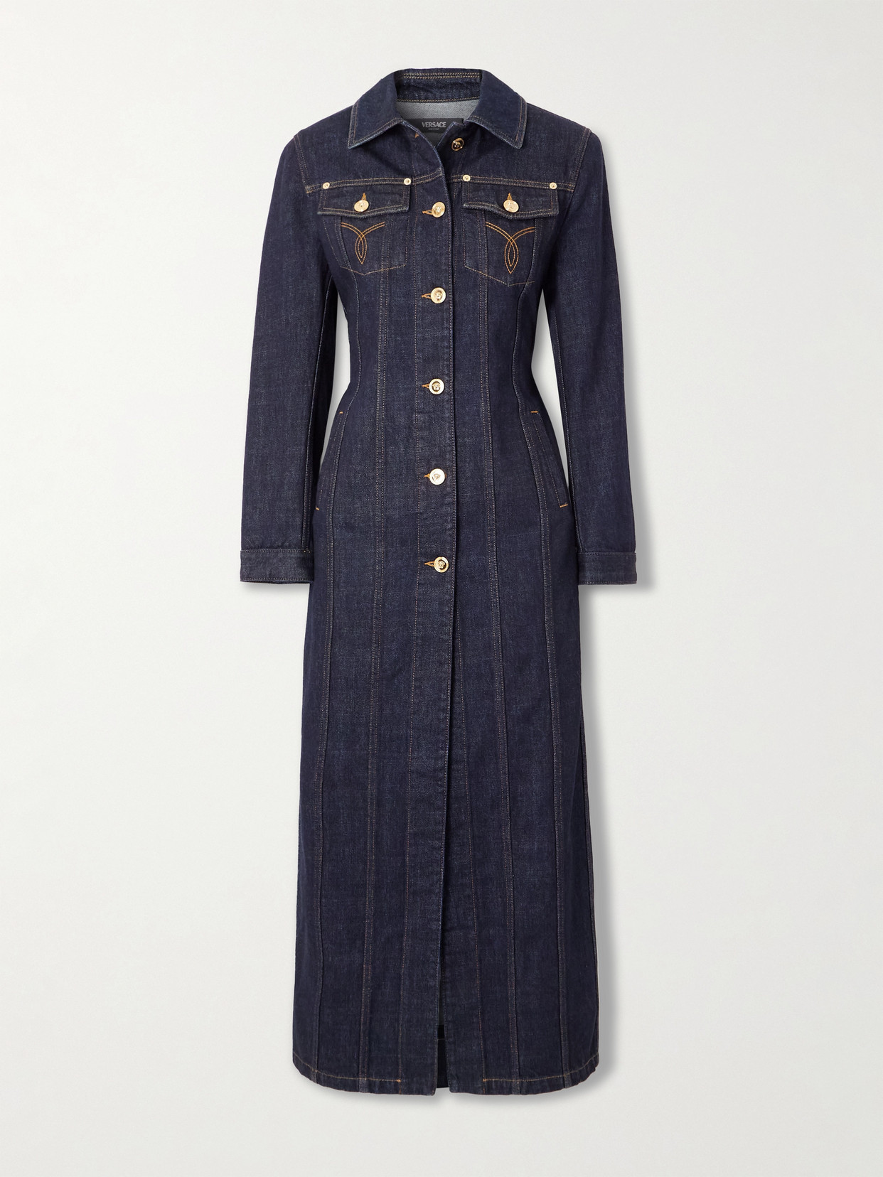 VERSACE PANELED DENIM COAT