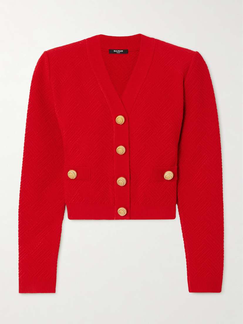 Balmain Vichy Textured Stretch-knit Cardigan