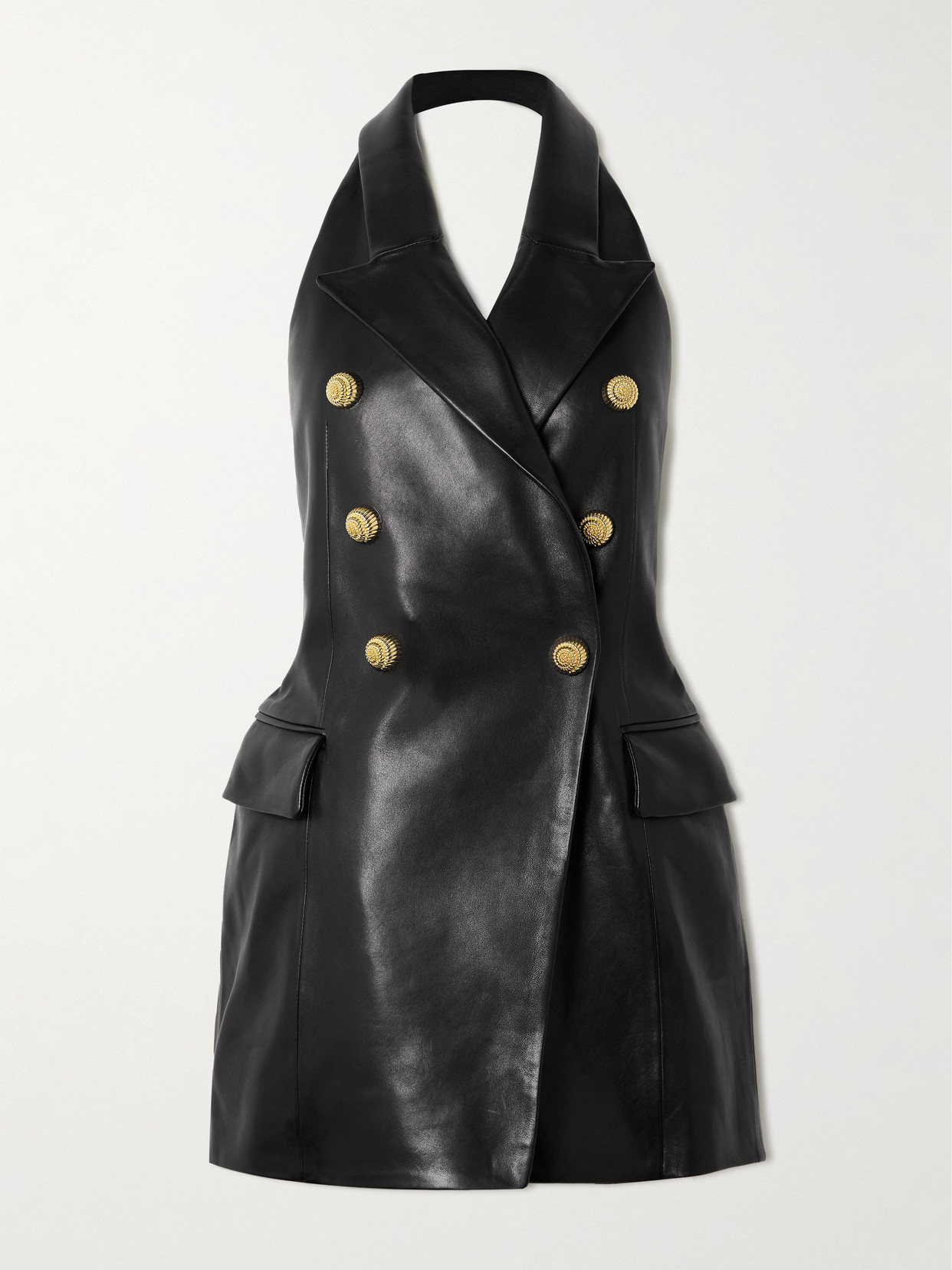 Balmain - Button-embellished Leather Halterneck Mini Dress - Black