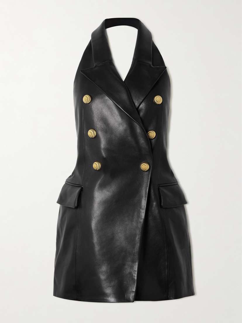 Balmain Button-embellished Leather Halterneck Mini Dress