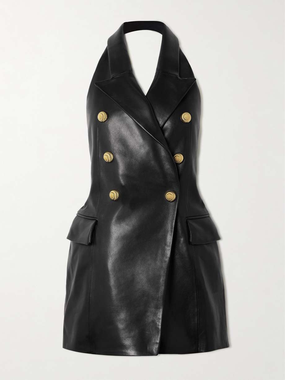 button-embellished leather halterneck mini dress