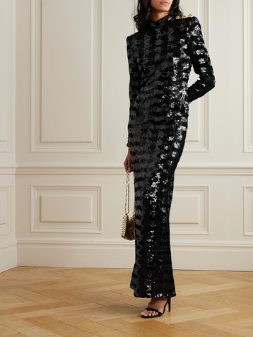 Balmain Open-back embellished sequined stretch-jersey turtleneck maxi dress