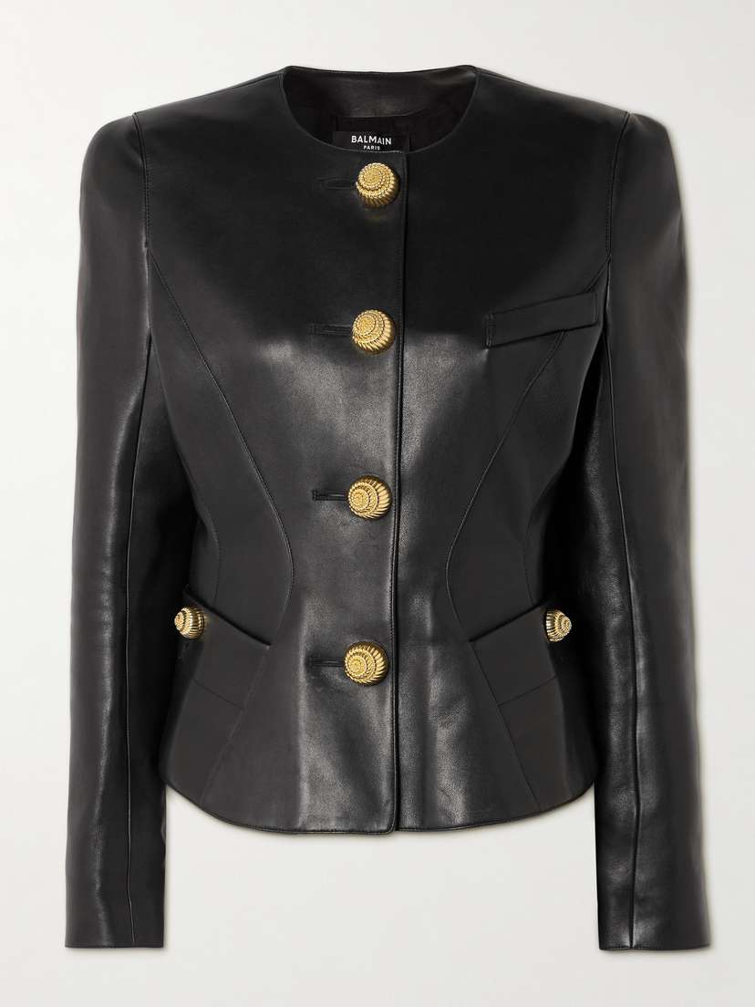 Balmain Paneled Embellished Leather Peplum Jacket