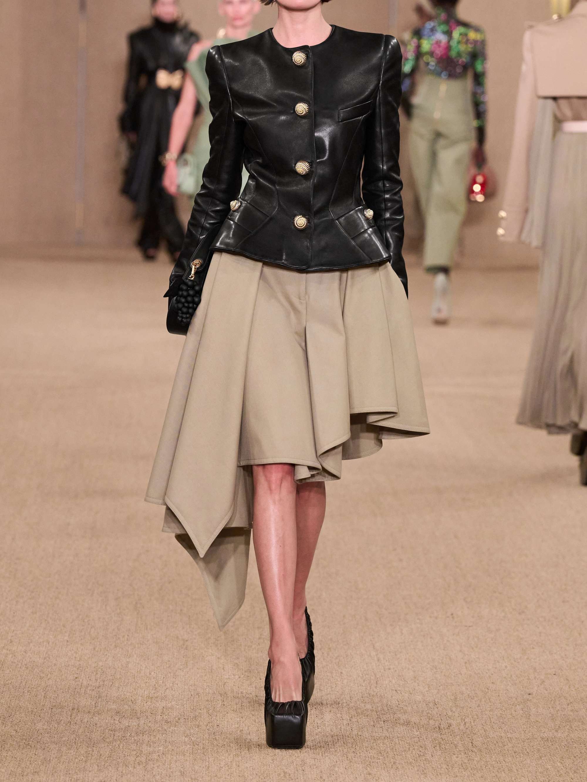 Black Paneled embellished leather peplum jacket | BALMAIN