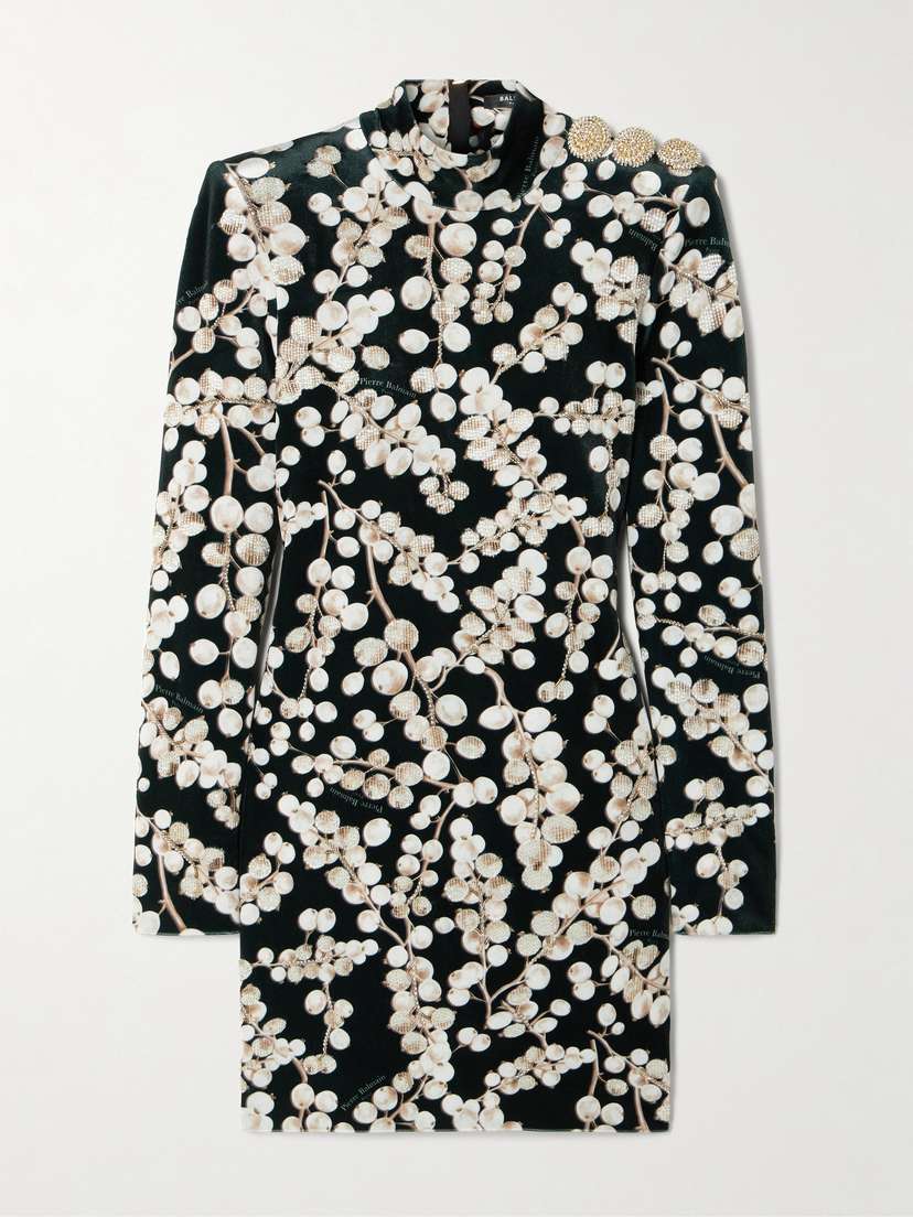 Balmain Open-back Embellished Printed Velvet Mini Dress