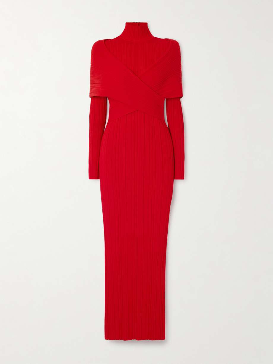 wrap-effect layered plissé-chiffon maxi dress