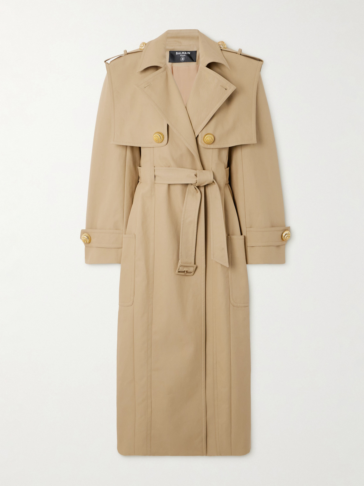 Balmain Embellished Belted Cotton-gabardine Trench Coat In Neutrals