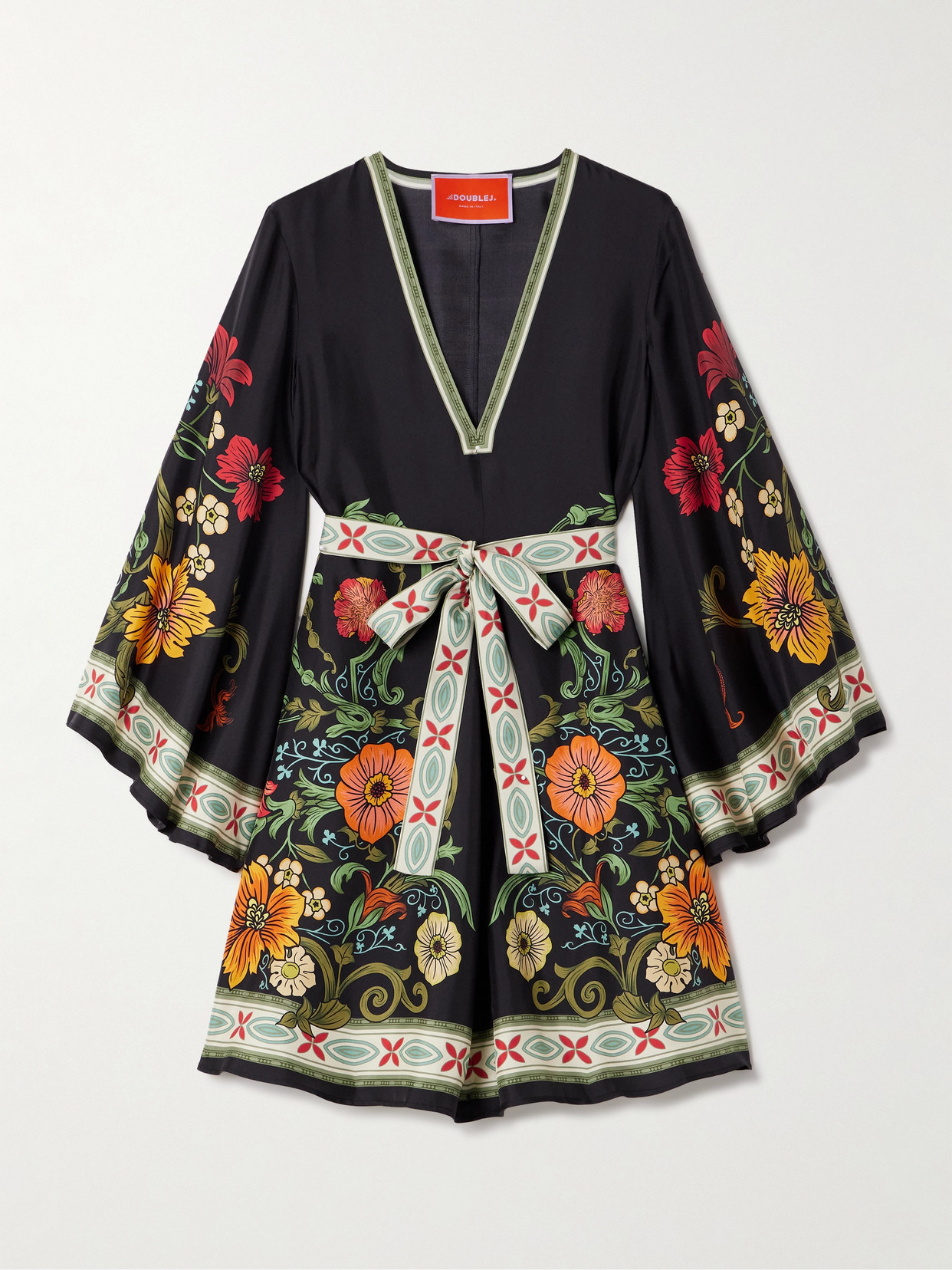 La DoubleJ - Magnifico Belted Floral-print Silk-twill Mini Dress - Black