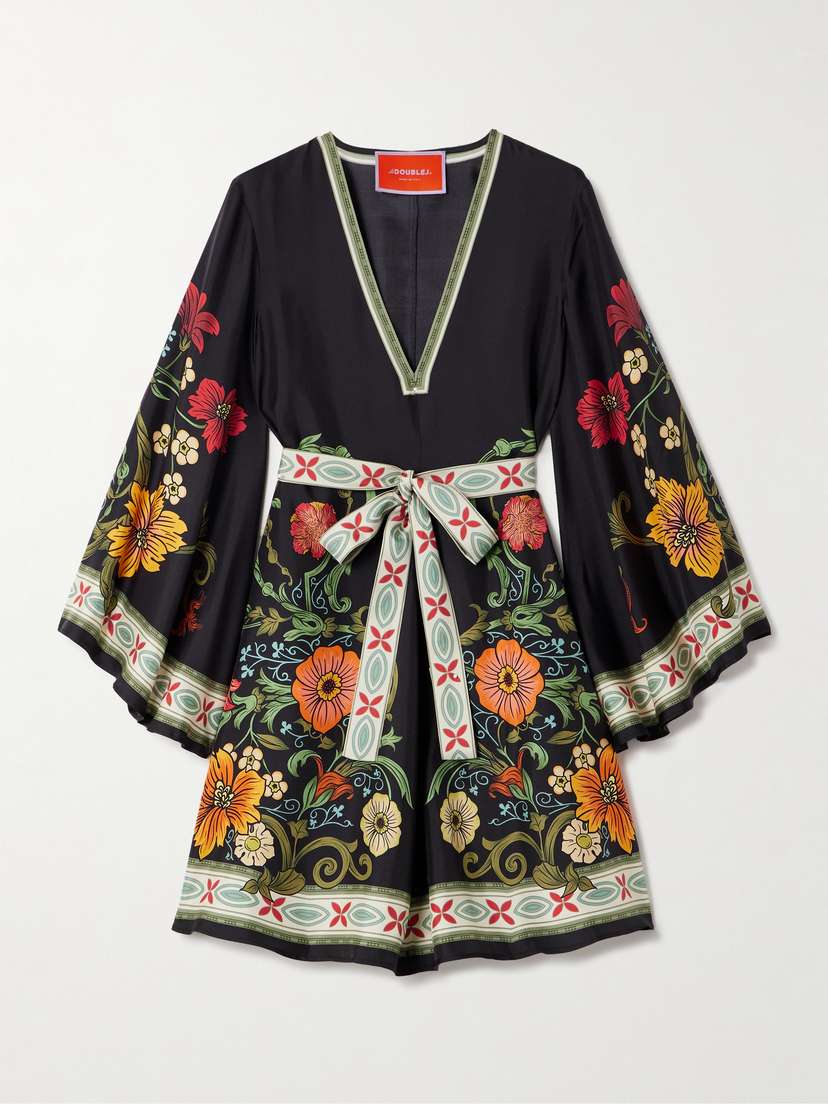 La DoubleJ Magnifico Belted Floral-print Silk-twill Mini Dress
