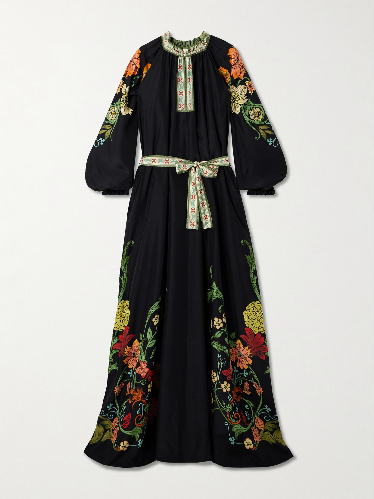 La Doublej Cerere Belted Floral-print Silk-voile Maxi Dress In Black