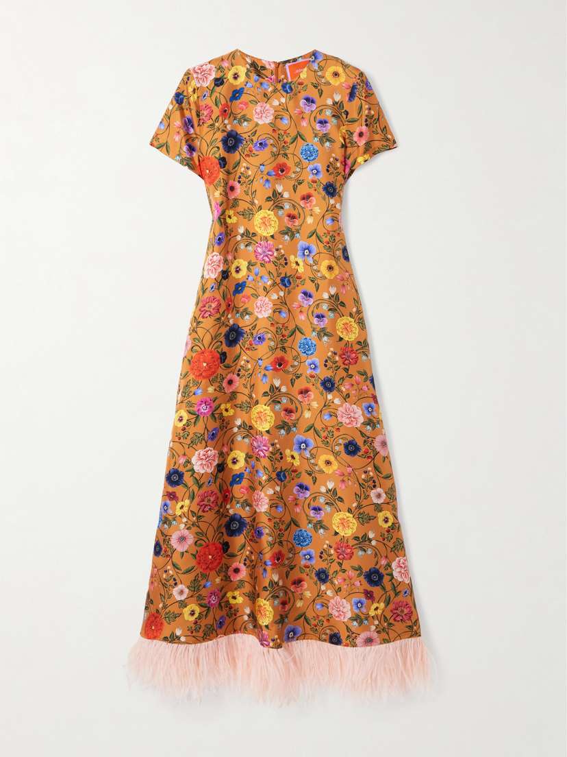 La DoubleJ Icon Swing Feather-trimmed Floral-print Silk-twill Maxi Dress - x large