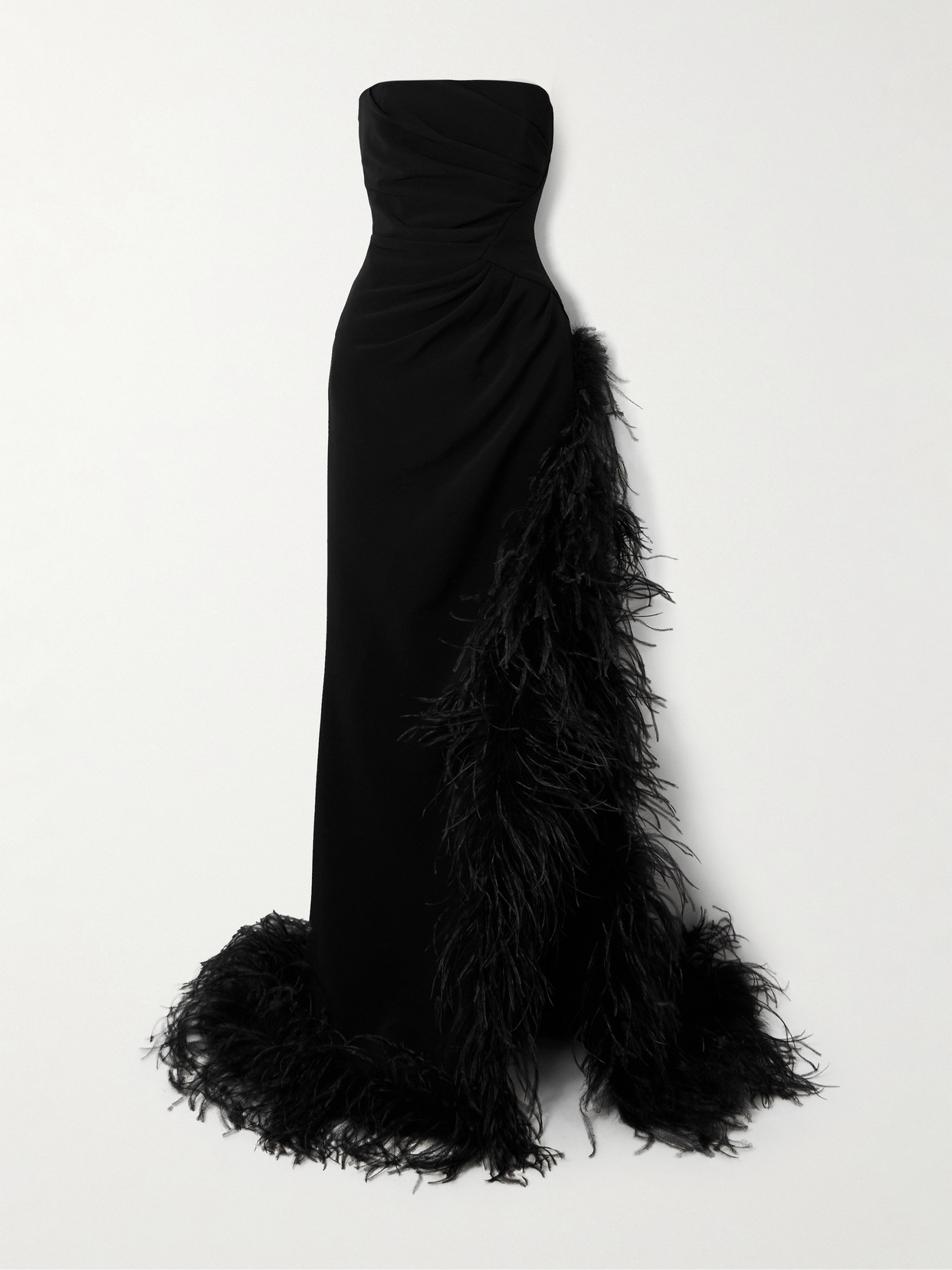 Alessandra Rich - Strapless Gathered Feather-trimmed Cady Gown - Black