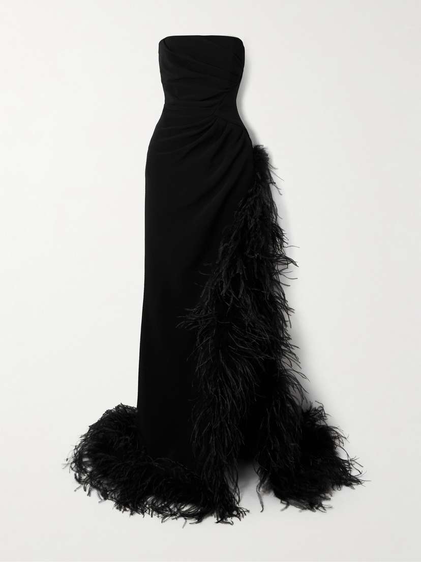 Alessandra Rich Strapless Gathered Feather-trimmed Cady Gown