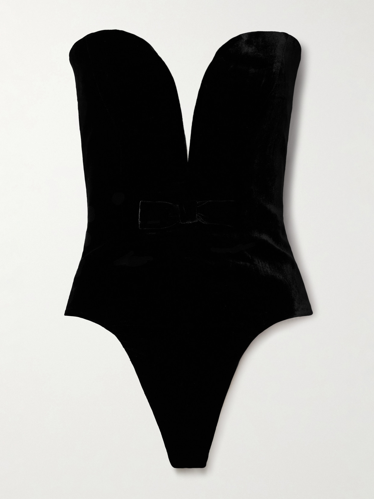 Alessandra Rich Strapless Bow-embellished Velvet Thong Bodysuit In Black