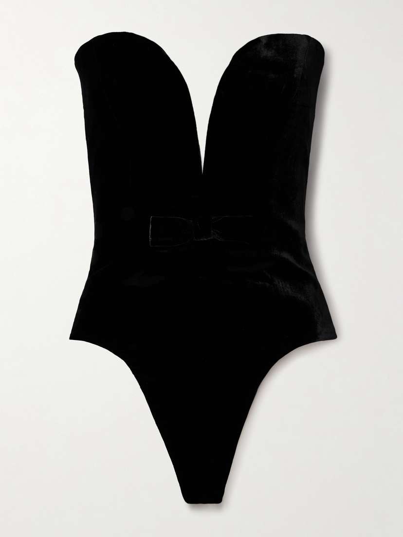 Alessandra Rich Strapless Bow-embellished Velvet Thong Bodysuit