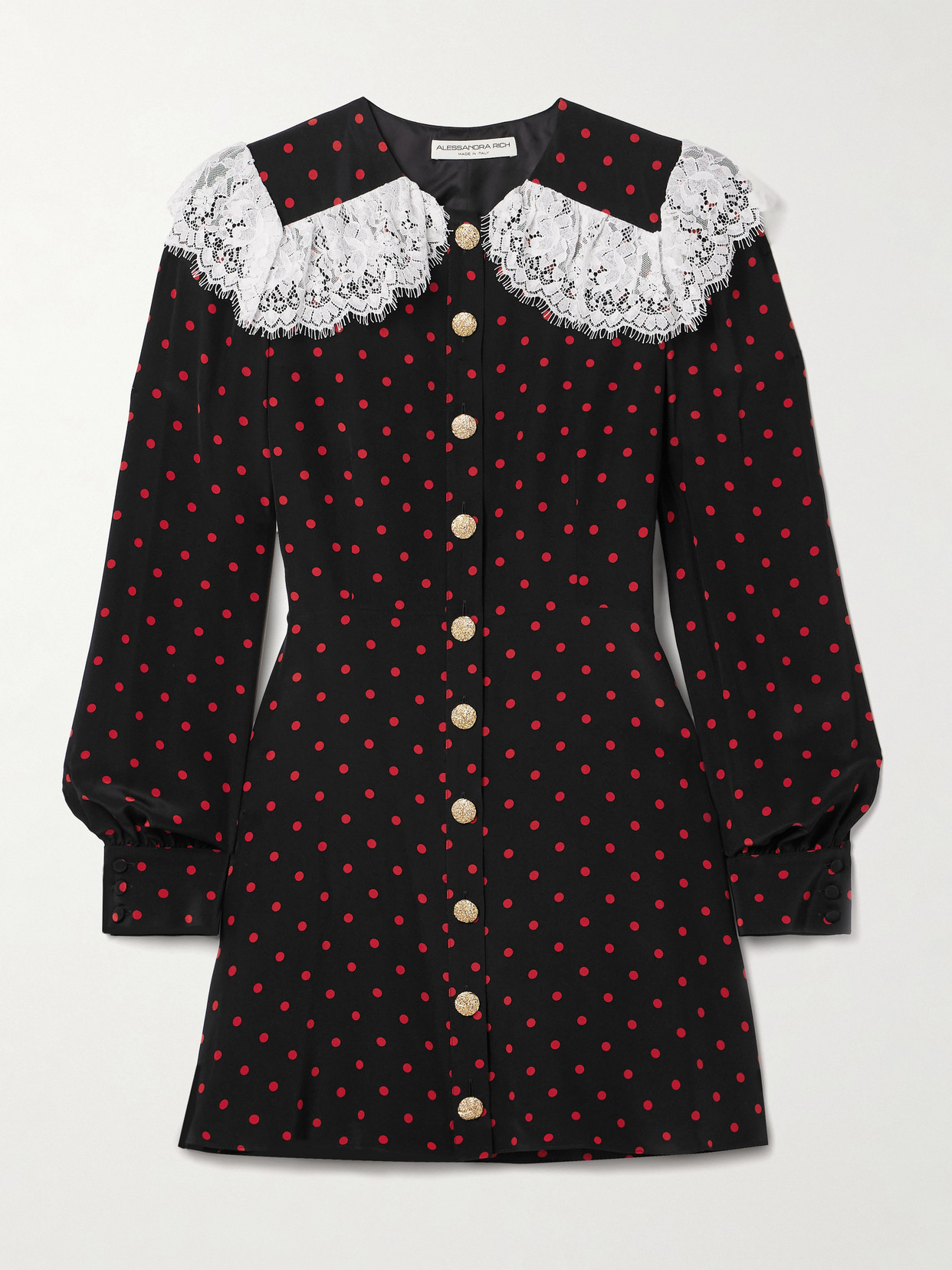 Alessandra Rich - Lace-trimmed Polka-dot Silk-crepe Mini Dress - Black