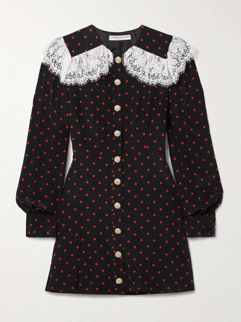 Alessandra Rich Lace-trimmed Polka-dot Silk-crepe Mini Dress