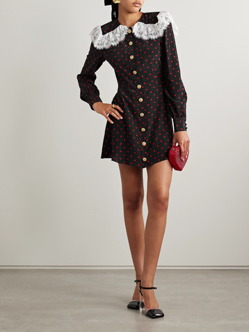 Alessandra Rich Lace-trimmed polka-dot silk-crepe mini dress