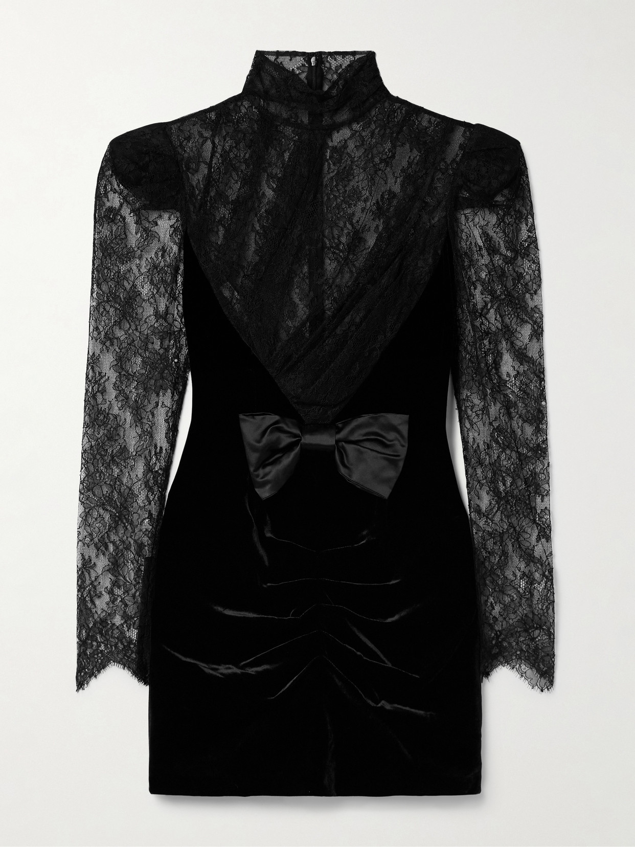 Alessandra Rich - Paneled Gathered Lace And Ruched Velvet Mini Dress - Black