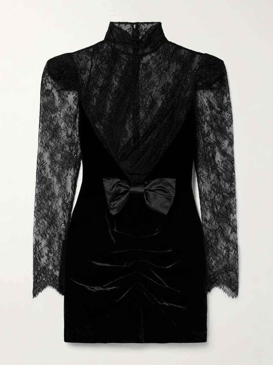 paneled gathered lace and ruched velvet mini dress