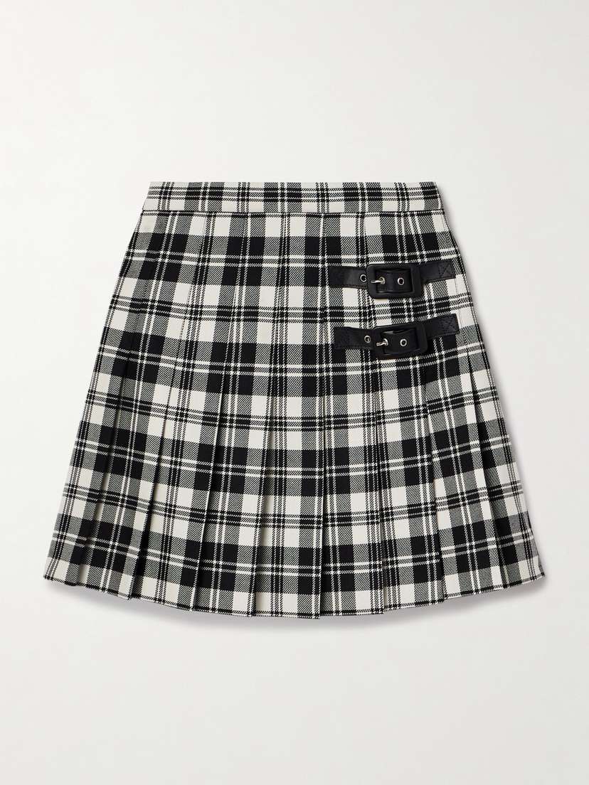 Alessandra Rich Leather-trimmed Pleated Checked Wool Mini Skirt