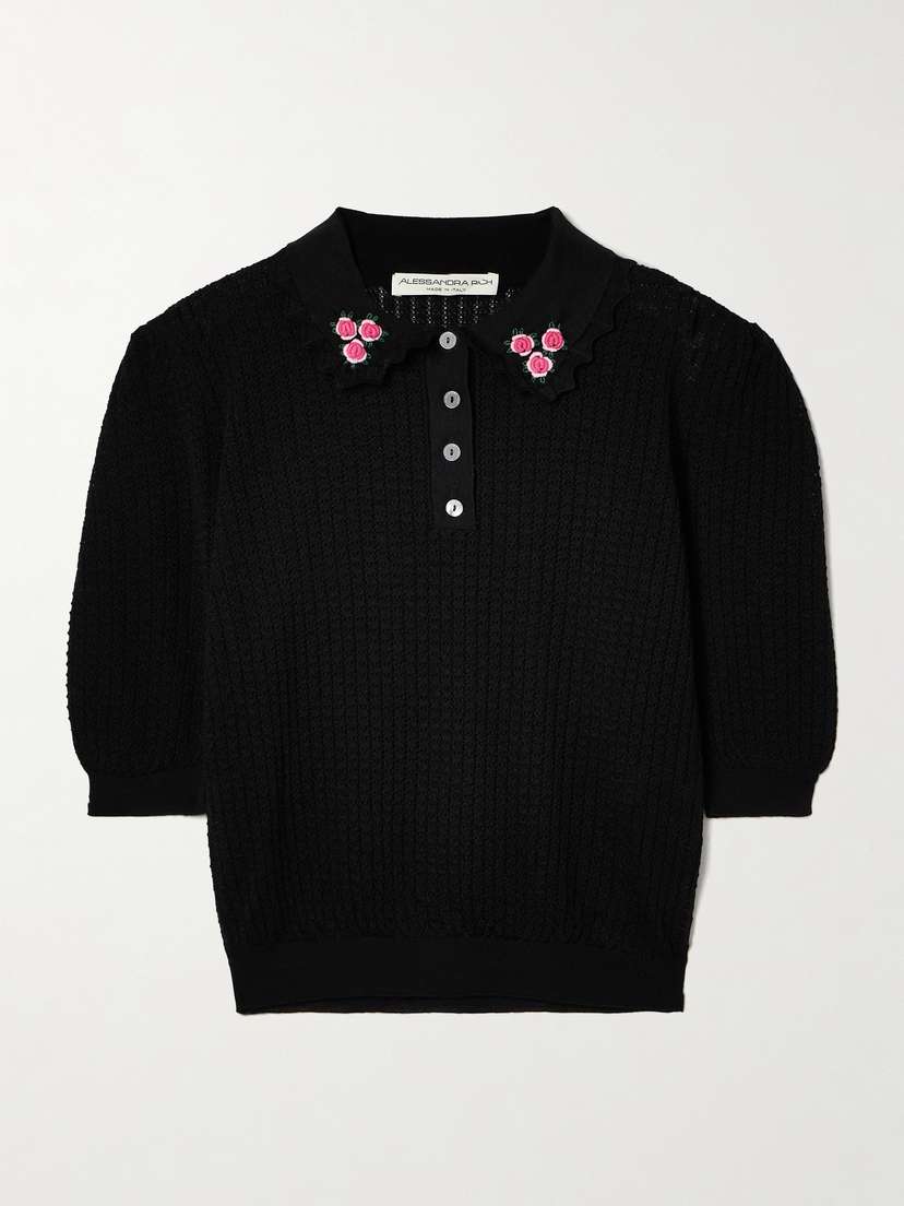Alessandra Rich Embroidered Pointelle-knit Wool Polo Sweater