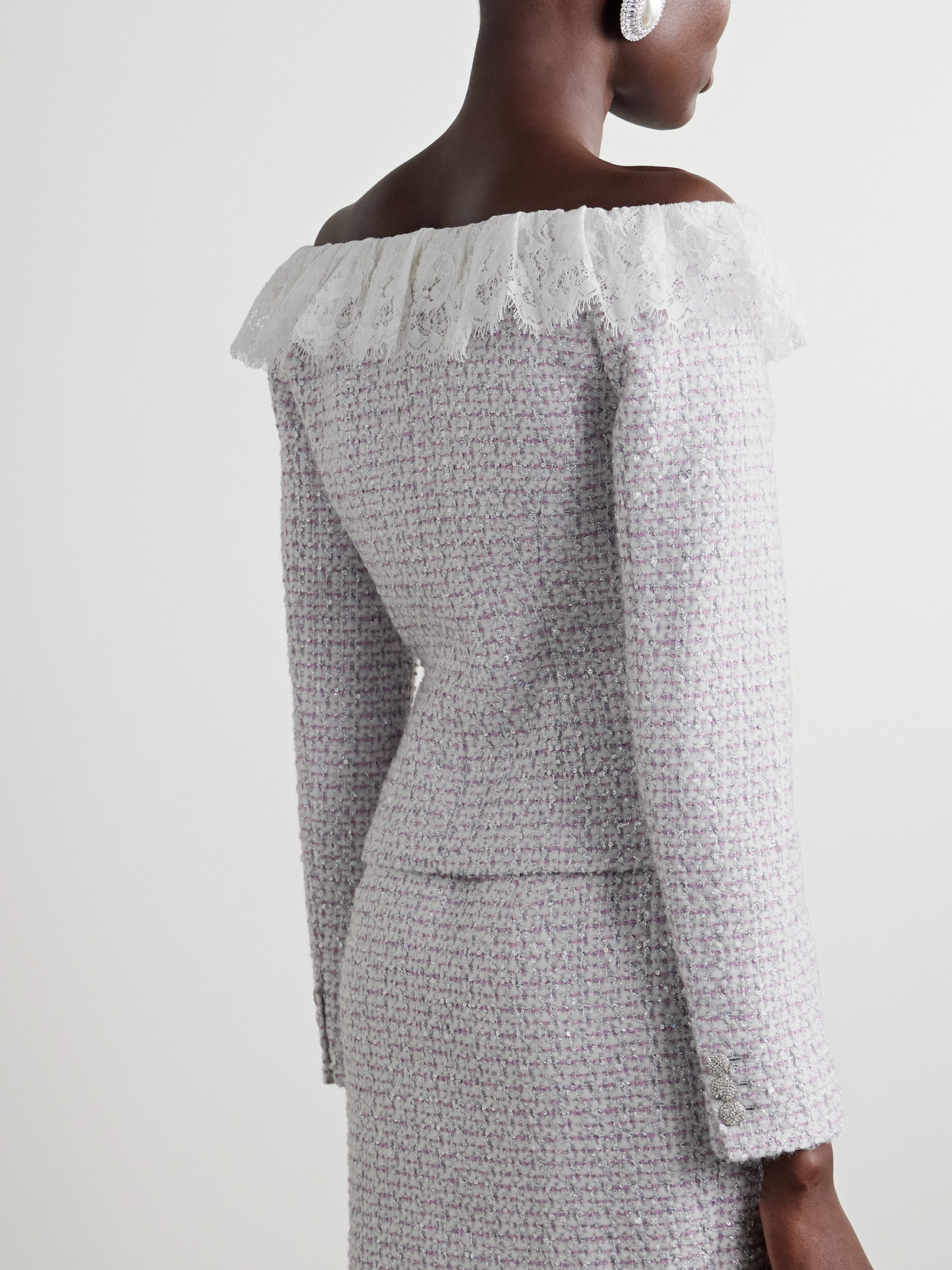 Alessandra Rich Off-the-shoulder Lace-trimmed Sequin-embellished Metallic Tweed Jacket In White