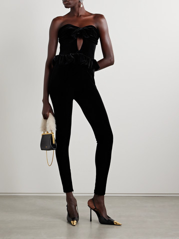 Alessandra Rich Strapless bow-detailed cutout velvet jumpsuit