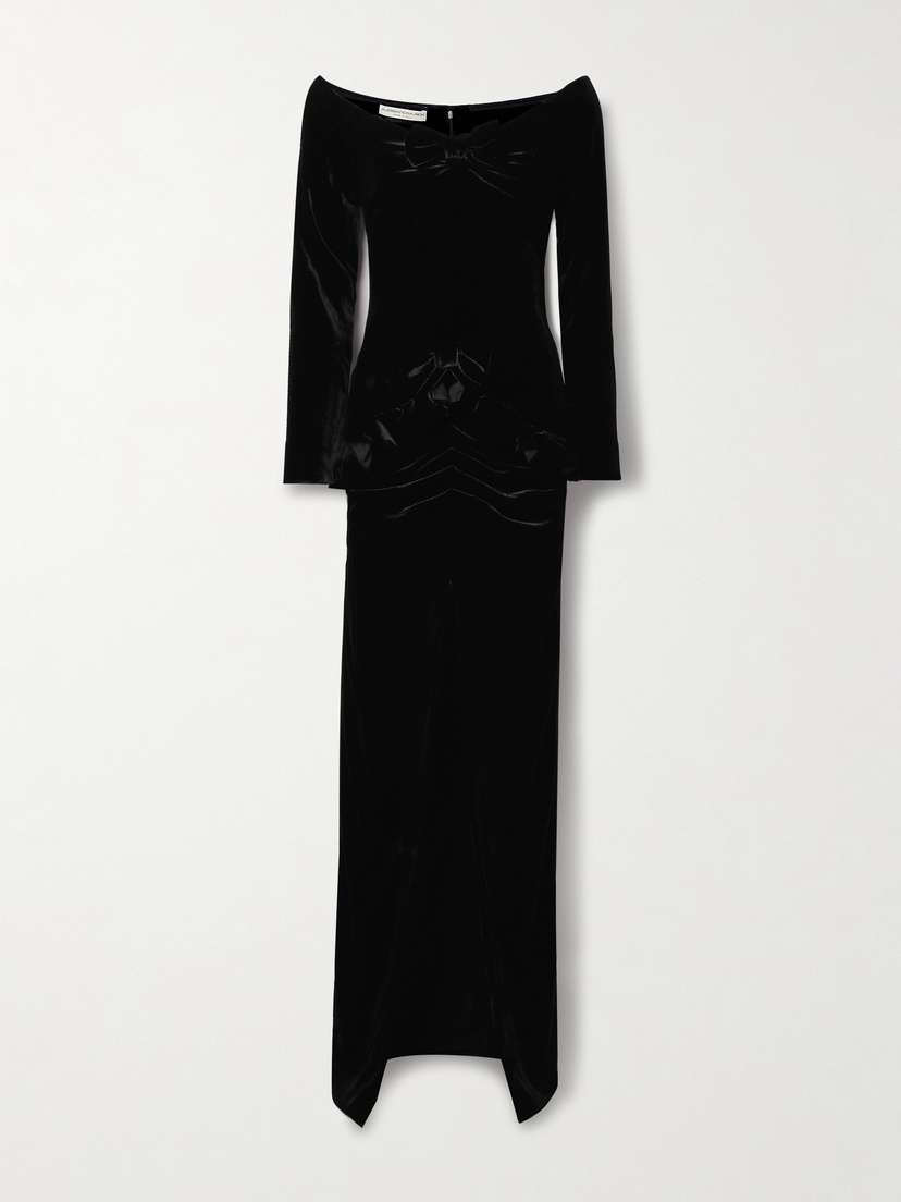 Alessandra Rich Bow-embellished Off-the-shoulder Ruffled Ruched Velvet Gown