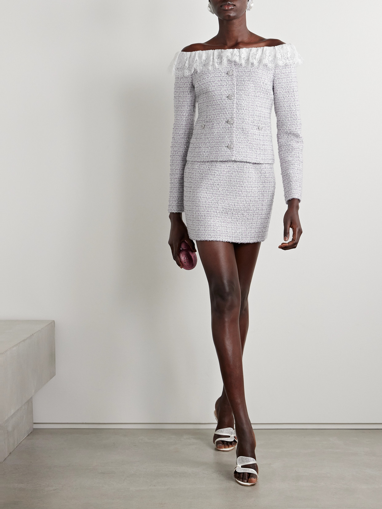 Alessandra Rich Sequin-embellished Metallic Tweed Mini Skirt In White