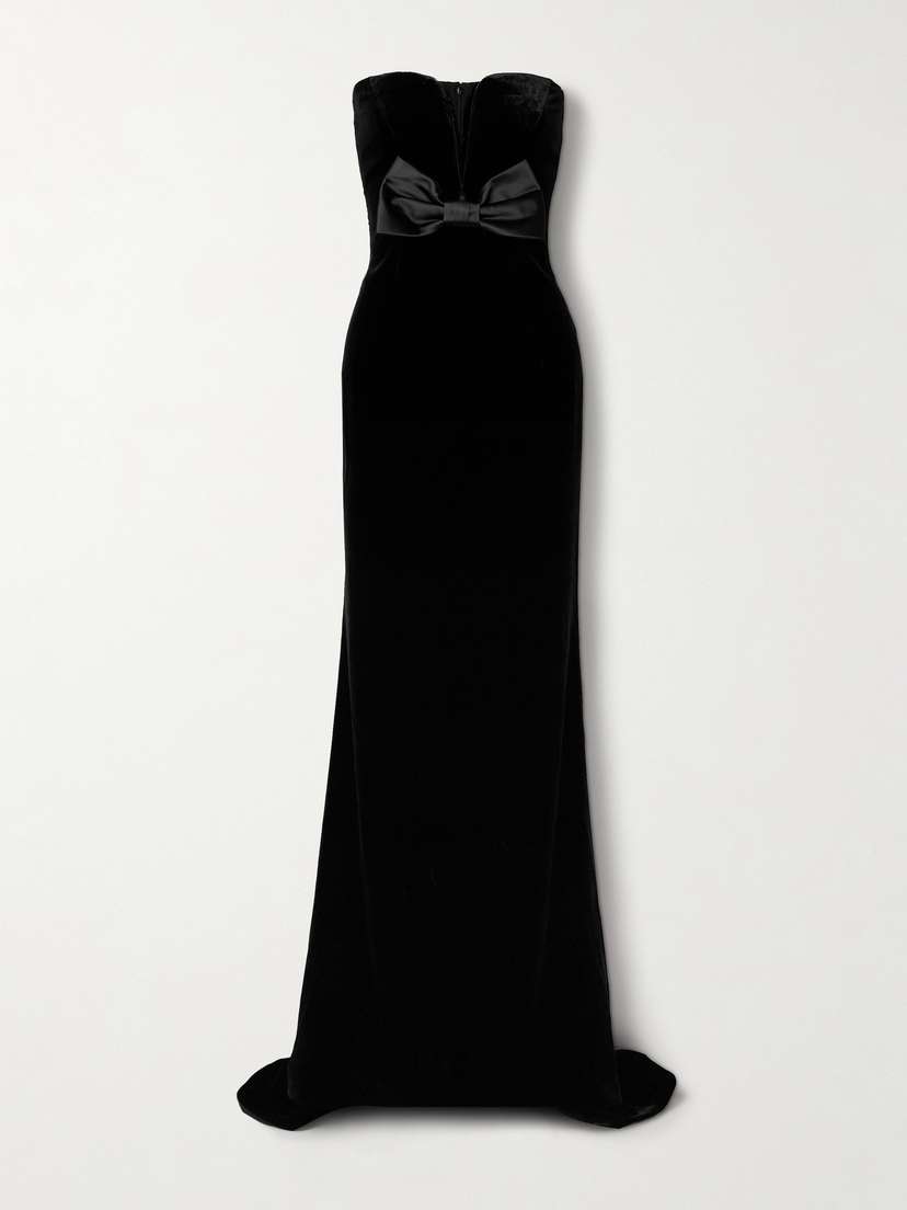 Alessandra Rich Strapless Satin-trimmed Bow-embellished Velvet Gown