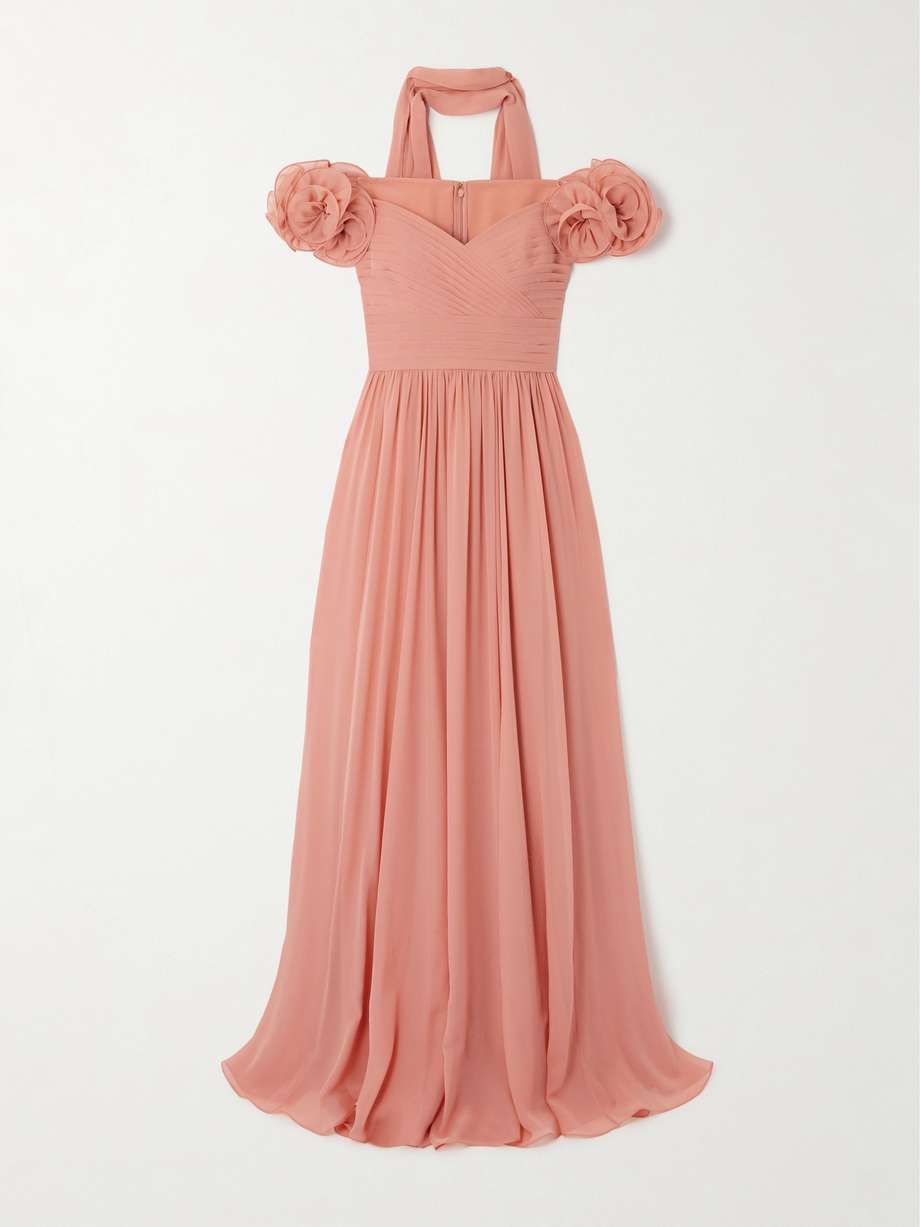 scarf-detailed off-the-shoulder embellished pleated silk-georgette gown