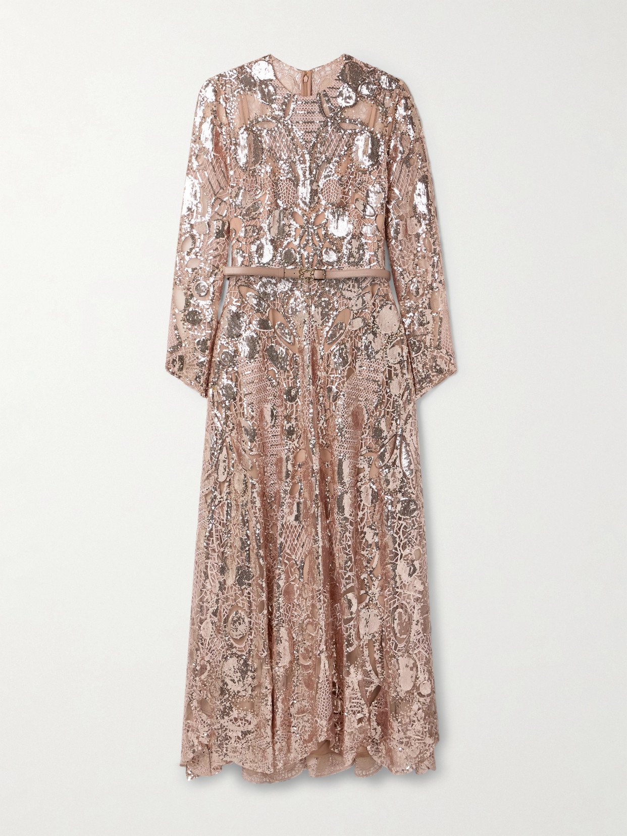 Elie Saab - Belted Leather-trimmed Sequined Embroidered Tulle Maxi Dress - Antique rose