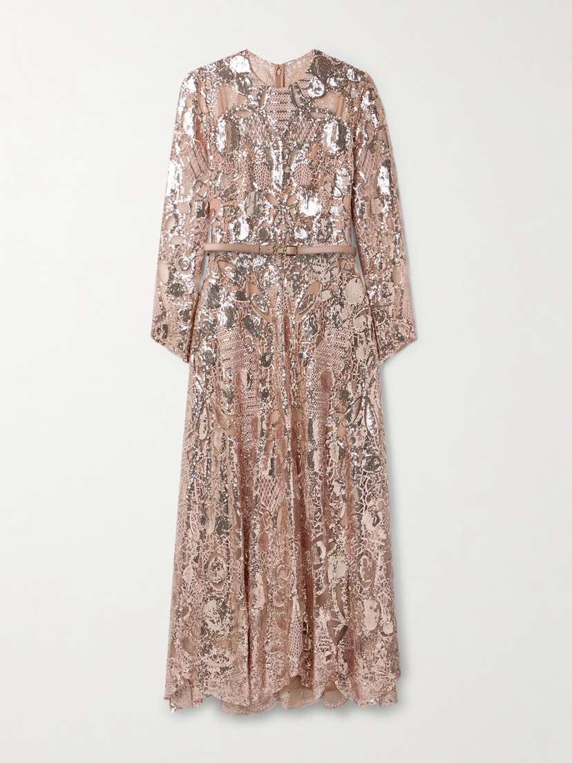 Elie Saab Belted Leather-trimmed Sequined Embroidered Tulle Maxi Dress