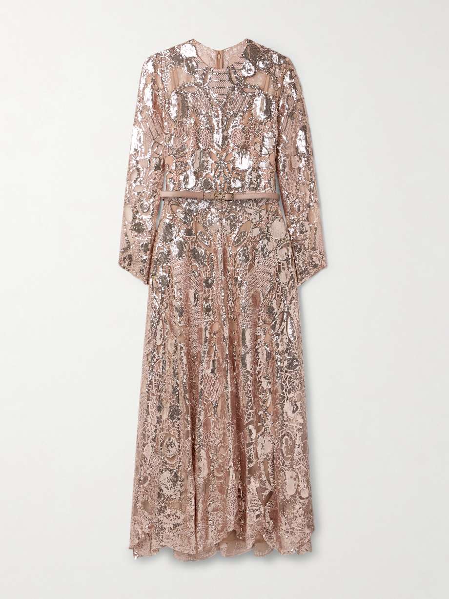 belted leather-trimmed sequined embroidered tulle maxi dress