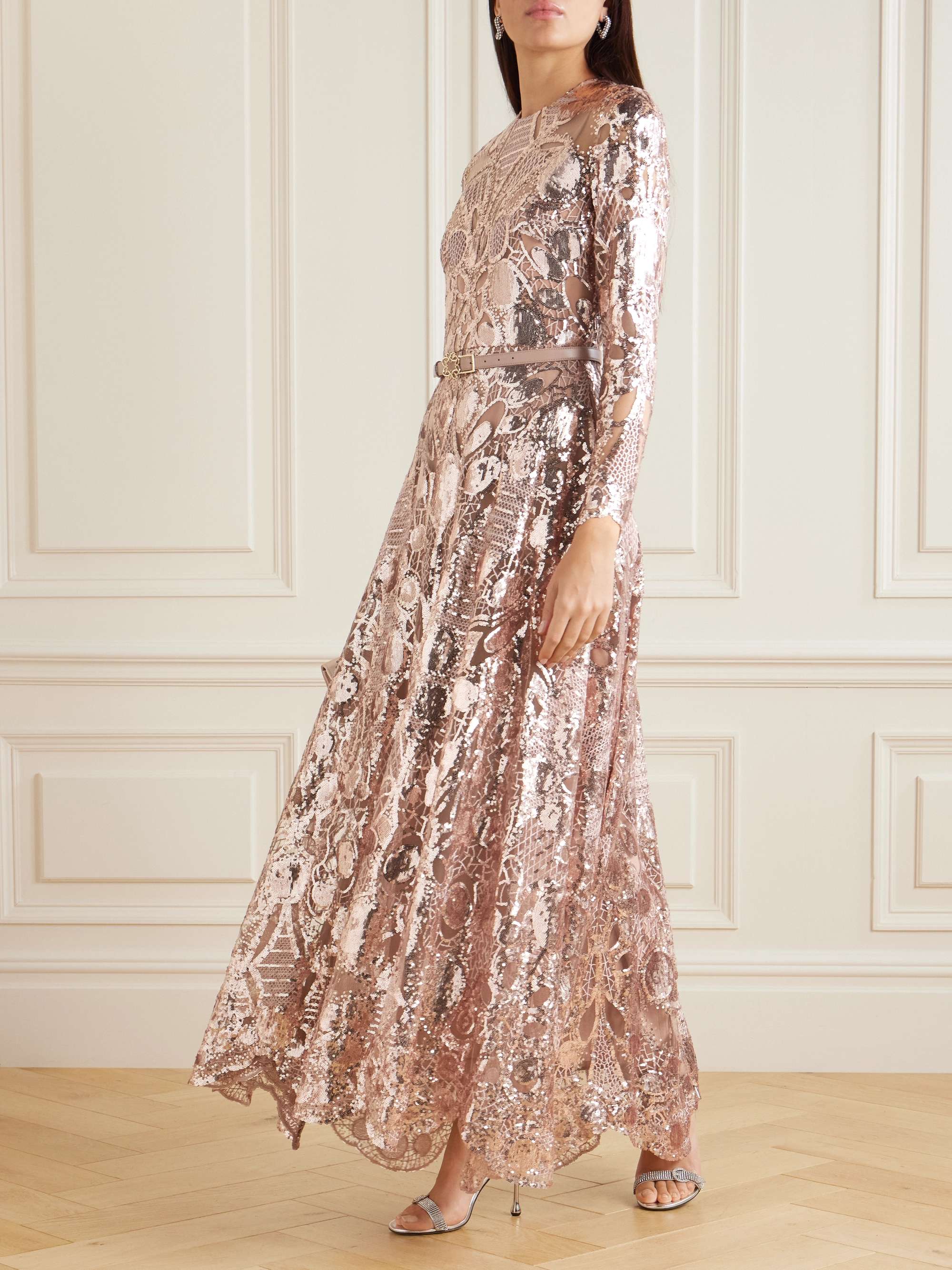 Robe longue en tulle a broderies sequins finitions en cuir et ceinture ELIE SAAB pour femme NET A PORTER