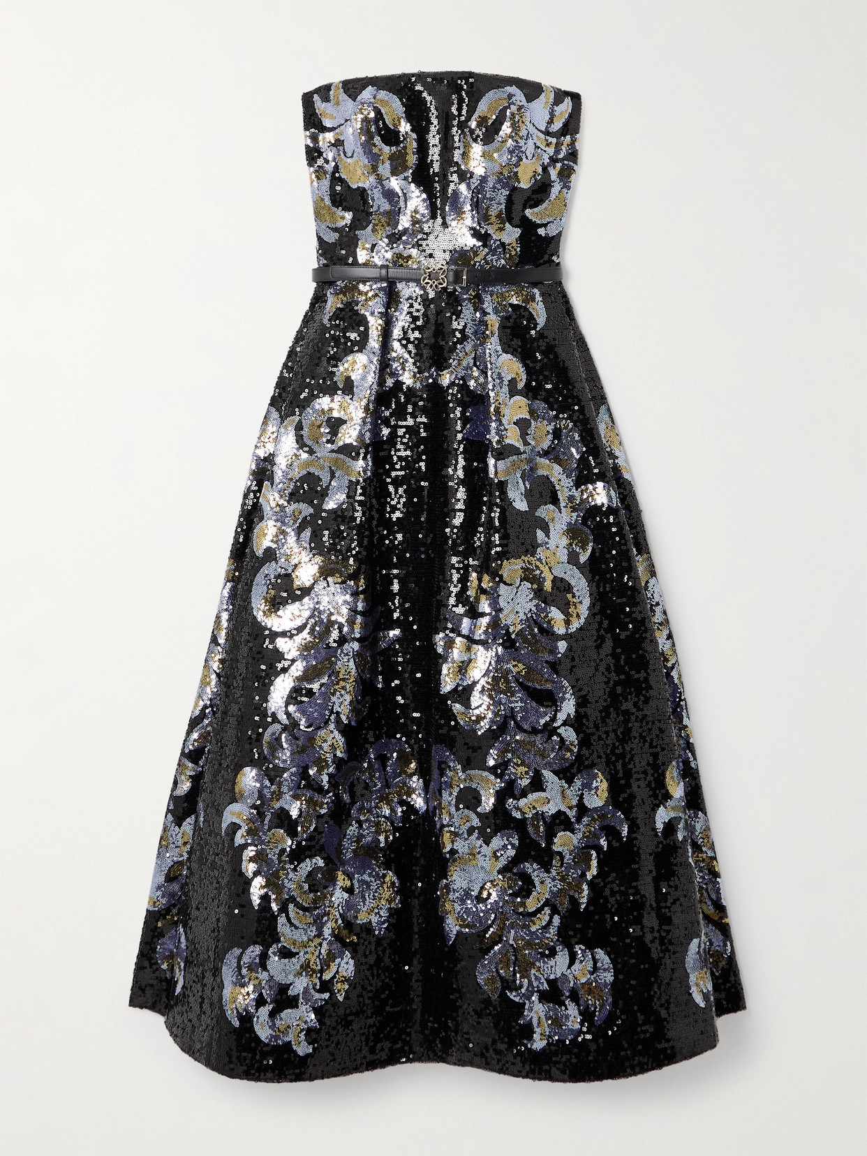 Elie Saab Belted Strapless Sequined Jersey Midi Dress In Black