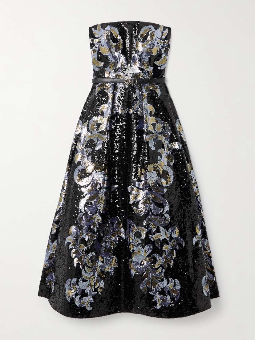 Elie Saab Belted Strapless Sequined Jersey Midi Dress