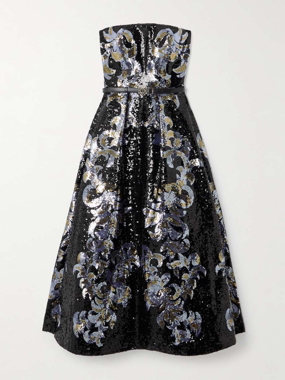 belted strapless sequined jersey midi dress
