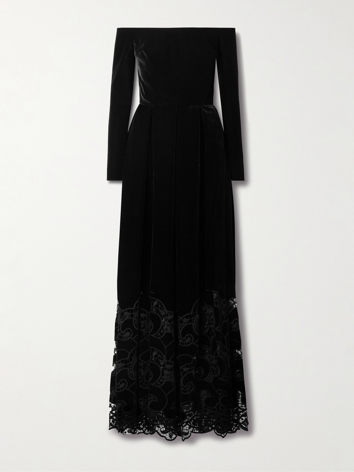 Elie Saab - Off-the-shoulder Pleated Corded Lace-trimmed Velvet Gown - Black