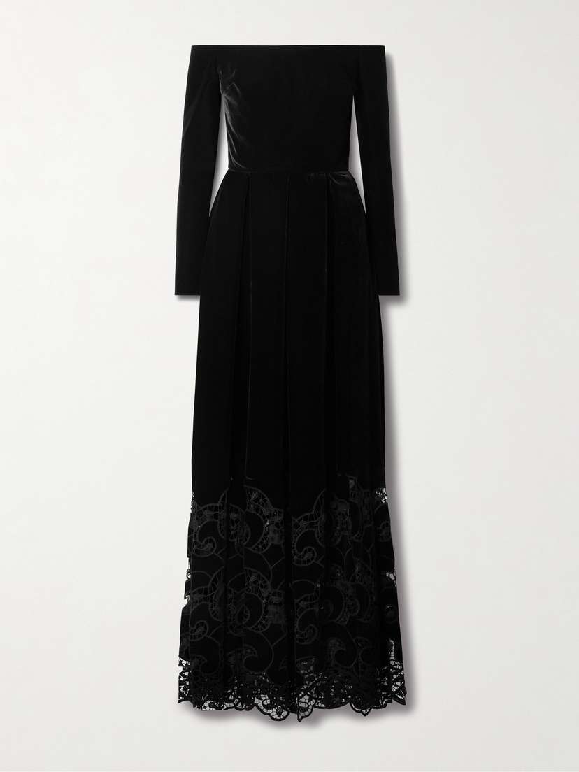 Elie Saab Off-the-shoulder Pleated Corded Lace-trimmed Velvet Gown
